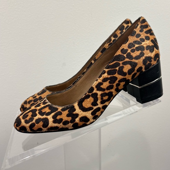 AUBREY LYNN AMANDA LEOPARD PRINT CALF HAIR FUR CHUNKY DRESS HEELS PUMPS Size 6 - Picture 1 of 12